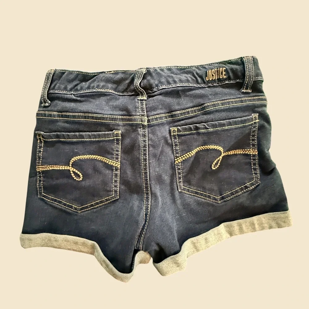 Justice Girls Denim Shorts Dark Wash Cuffed Hem Blue Size 14 0176